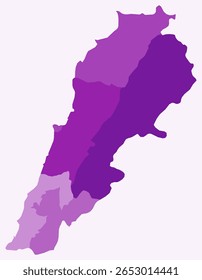Map of Lebanon with regions. Just a simple country border map with region division. Purple color palette. Blank Lebanese Republic shape with administrative division. Vector illustration.