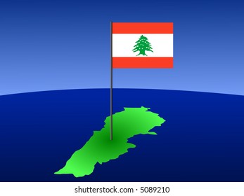 map of Lebanon and their flag on pole illustration