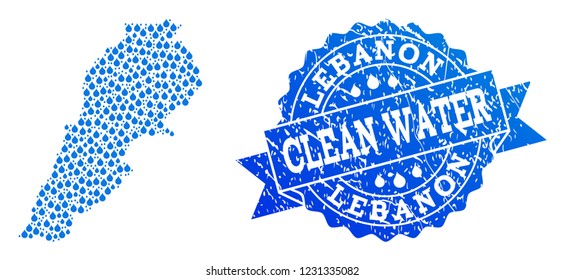 Map of Lebanon vector mosaic and clean water grunge stamp. Map of Lebanon composed with blue water tears. Seal with grunge rubber texture for clear drinking water.