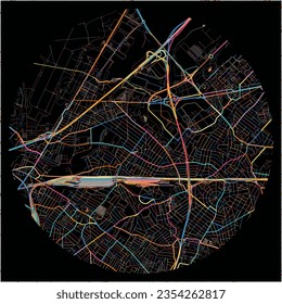 Map of LeBlanc-Mesnil, Seine-Saint-Denis with all major and minor roads, railways and waterways. Colorful line art on black background.