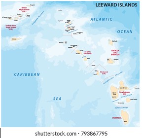 Map of leeward islands, Caribbean island group.