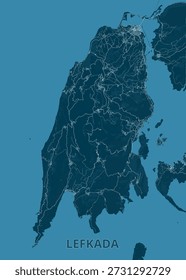 Map of Lefkada Island, Greece, rendered in shades of blue. The island's shape is clearly defined, with intricate white lines representing roads and pathways.