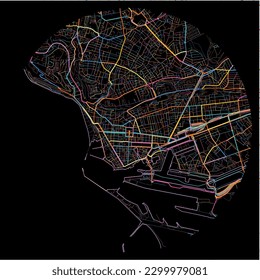 Map of LeHavre, Seine-Maritime with all major and minor roads, railways and waterways. Colorful line art on black background.