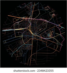 Map of Lehrte, Lower Saxony with all major and minor roads, railways and waterways. Colorful line art on black background.