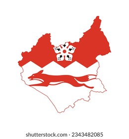 Die Karte des Bezirks Leicestershire mit seiner Flagge einzeln auf weißem Hintergrund. Vektorgrafik