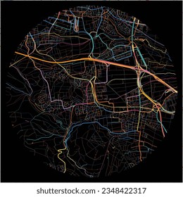 Map of Leinfelden-Echterdingen, Baden-Wuerttemberg with all major and minor roads, railways and waterways. Colorful line art on black background.