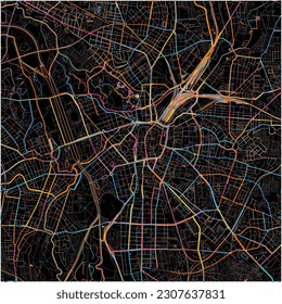 Map of Leipzig, Saxony with all major and minor roads, railways and waterways. Colorful line art on black background.