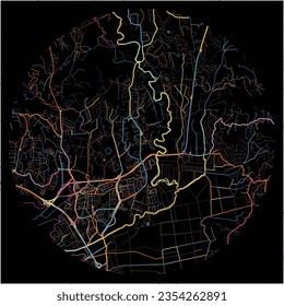 Mapa de LeLamentin, Martinica con todas las carreteras principales y menores, ferrocarriles y vías fluviales. Coloridas líneas de arte sobre fondo negro.