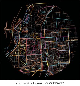 Map of Lelystad, Flevoland with all major and minor roads, railways and waterways. Colorful line art on black background.