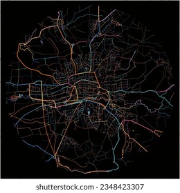 Map of Lemgo, North Rhine-Westphalia with all major and minor roads, railways and waterways. Colorful line art on black background.