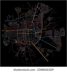 Map of Leon, León with all major and minor roads, railways and waterways. Colorful line art on black background.