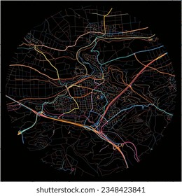 Map of Leonberg, Baden-Wuerttemberg with all major and minor roads, railways and waterways. Colorful line art on black background.