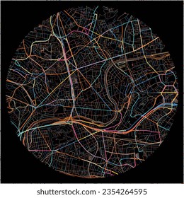 Map of LePerreux-sur-Marne, Val-de-Marne with all major and minor roads, railways and waterways. Colorful line art on black background.