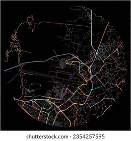 Map of LesAbymes, Guadeloupe with all major and minor roads, railways and waterways. Colorful line art on black background.