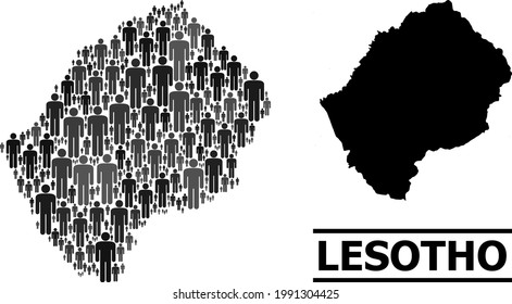 Map of Lesotho for demographics promotion. Vector nation collage. Collage map of Lesotho designed of crowd elements. Demographic scheme in dark gray color tones.