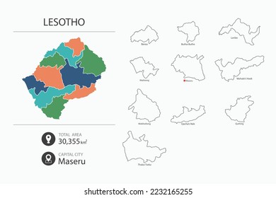 Mapa de Lesotho con mapa detallado del país. Mapa de elementos de ciudades, áreas totales y capital.
