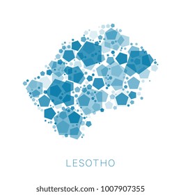 map of Lesotho filled with abstract mosaic of pentagons of different sizes and degrees of transparency with name of the country on white background