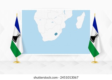 Map of Lesotho and flags of Lesotho on flag stand. Vector illustration for diplomacy meeting.