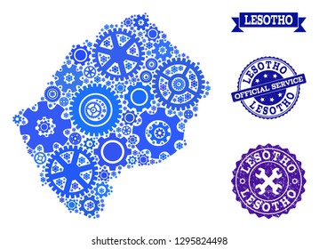 Map of Lesotho formed with blue gear components, and isolated grunge seals for official repair services. Vector abstract collage of map of Lesotho with repair symbols in blue color tints.