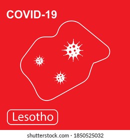 Map of Lesotho labeled "COVID-19". White outline map on a red background. Vector illustration of a virus, coronavirus, epidemiology.