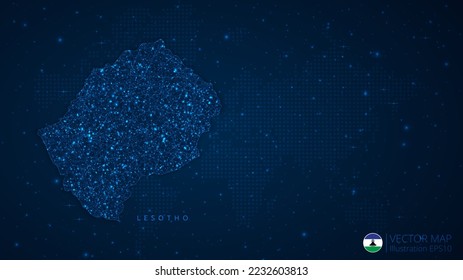 Map of Lesotho modern design with polygonal shapes on dark blue background. Business wireframe mesh spheres from flying debris. Blue structure style vector illustration concept.