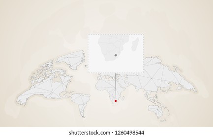 Map of Lesotho with neighbor countries pinned on world map. Abstract triangles World Map.