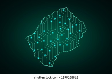 Map of Lesotho, network line, design sphere, dot and structure on dark background with Map Lesotho, Circuit board. Vector illustration. Eps 10