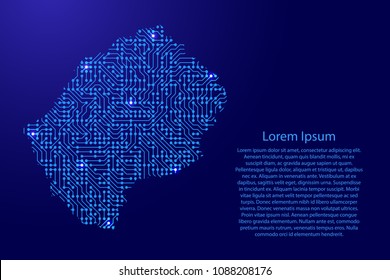Map Lesotho from printed board, chip and radio component with blue star space on the contour for banner, poster, greeting card. Computer electronics processor motherboard. Vector illustration. 