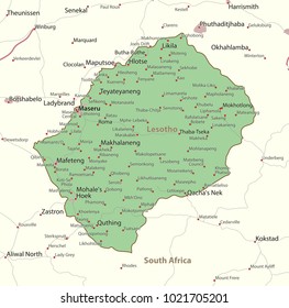 Map of Lesotho. Shows country borders, urban areas, place names and roads. Labels in English where possible.Projection: Mercator.