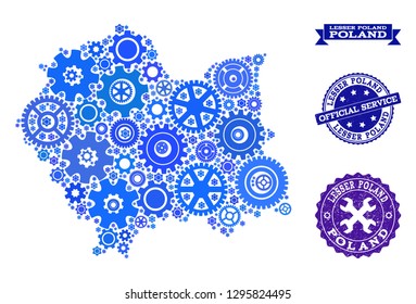 Map of Lesser Poland Province formed with blue engine symbols, and isolated scratched stamps for official repair services.