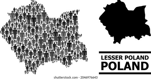 Map of Lesser Poland Province for social applications. Vector nation mosaic. Mosaic map of Lesser Poland Province organized of human icons. Demographic scheme in dark grey color tints.