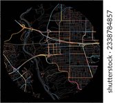 Map of Lethbridge, Alberta with all major and minor roads, railways and waterways. Colorful line art on black background.