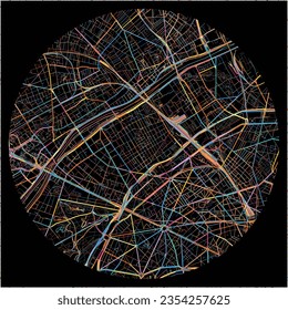 Map of Levallois-Perret, Hauts-de-Seine with all major and minor roads, railways and waterways. Colorful line art on black background.