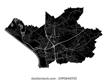 Map of Leverkusen, Germany. Detailed city vector map, metropolitan area with border. Black and white streetmap with roads and water.