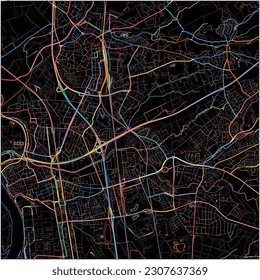 Map of Leverkusen, North Rhine-Westphalia with all major and minor roads, railways and waterways. Colorful line art on black background.