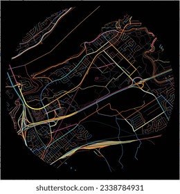 Karte von Levis, Quebec mit allen wichtigen und kleineren Straßen, Eisenbahnen und Wasserstraßen. Farbige Linienkunst auf schwarzem Hintergrund.