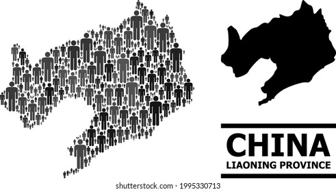 Map of Liaoning Province for social agitation. Vector population abstraction. Abstraction map of Liaoning Province combined of population elements. Demographic scheme in dark grey color variations.