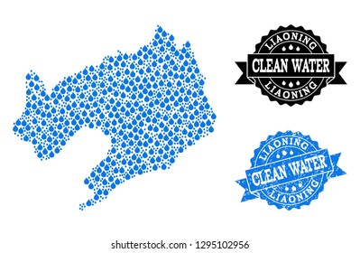 Map of Liaoning Province vector mosaic and clean water grunge stamp. Map of Liaoning Province created with blue water drops. Seal with grunge rubber texture for clean drinking water.