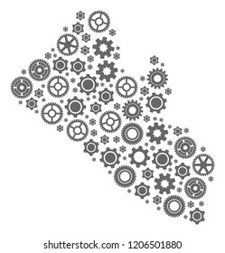 Map of Liberia composed with gray cog symbols. Vector abstract collage of map of Liberia with machinery symbols. Engineering flat design for service purposes.