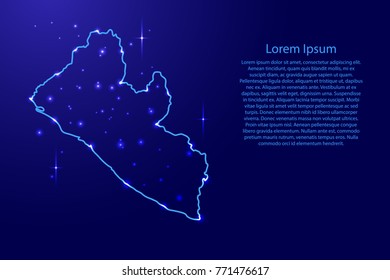 Map Liberia from the contours network blue, luminous space stars for banner, poster, greeting card, of vector illustration