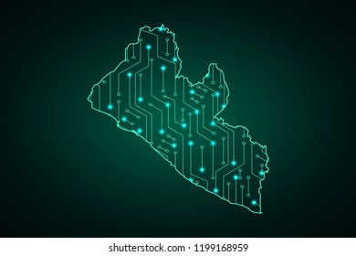 Map of Liberia, network line, design sphere, dot and structure on dark background with Map Liberia, Circuit board. Vector illustration. Eps 10