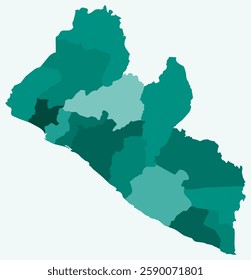 Map of Liberia with regions. Just a simple country border map with region division. Teal color palette. Flat Republic of Liberia shape with administrative division. Vector illustration.