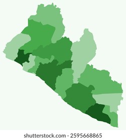 Map of Liberia with regions. Just a simple country border map with region division. Green color palette. Plain Republic of Liberia shape with administrative division. Vector illustration.