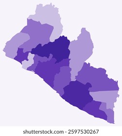 Map of Liberia with regions. Just a simple country border map with region division. Deep purple color palette. Plain Republic of Liberia shape with administrative division. Vector illustration.