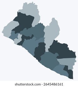 Map of Liberia with regions. Just a simple country border map with region division. Blue grey color palette. Flat Republic of Liberia shape with administrative division. Vector illustration.