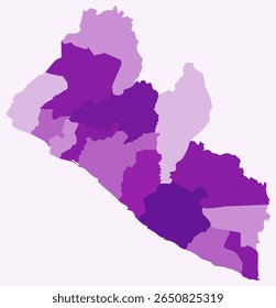 Map of Liberia with regions. Just a simple country border map with region division. Purple color palette. Blank Republic of Liberia shape with administrative division. Vector illustration.