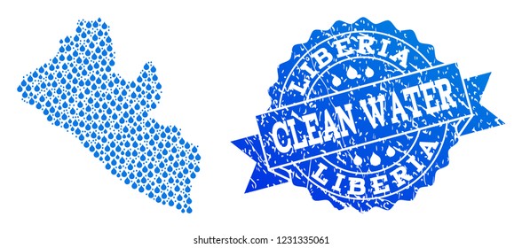 Map of Liberia vector mosaic and clean water grunge stamp. Map of Liberia composed with blue aqua tears. Seal with scratched rubber texture for clear drinking water.