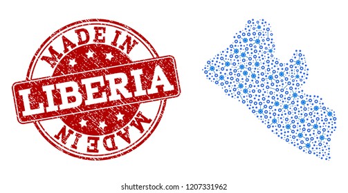 Map of Liberia vector mosaic and Made In grunge stamp. Map of Liberia created with blue cog relations. Made in red seal with grunge rubber texture.