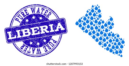 Map of Liberia vector mosaic and Pure Water grunge stamp. Map of Liberia created with blue water dews. Seal with unclean rubber texture for clean drinking water.