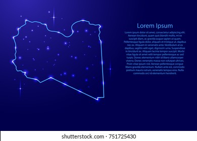 Map Libya from the contours network blue, luminous space stars for banner, poster, greeting card, of vector illustration